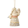 Back view of Jim Shore Dated 2026 Woodland Santa Ornament showing Santa’s textured winter robe, soft neutral colors, and owl perched on his arm.