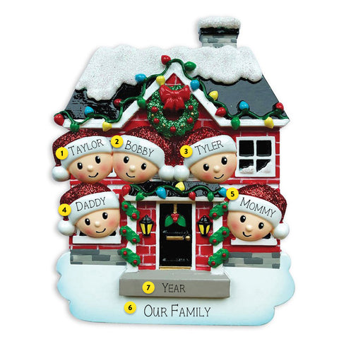 Decorated Christmas House  - Family of 5 - Resin personalized ornament  