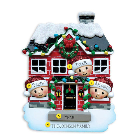 Decorated Christmas House - Family of 3 - Resin personalized ornament  