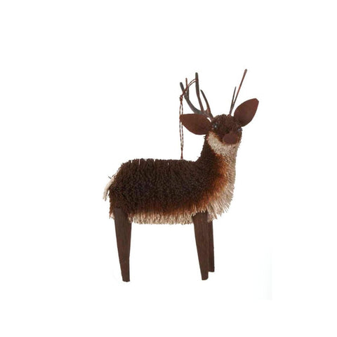 Deer buri ornament with brown bristle-style body, simple antlers, dark legs, pointed ears, and rustic hanging loop.