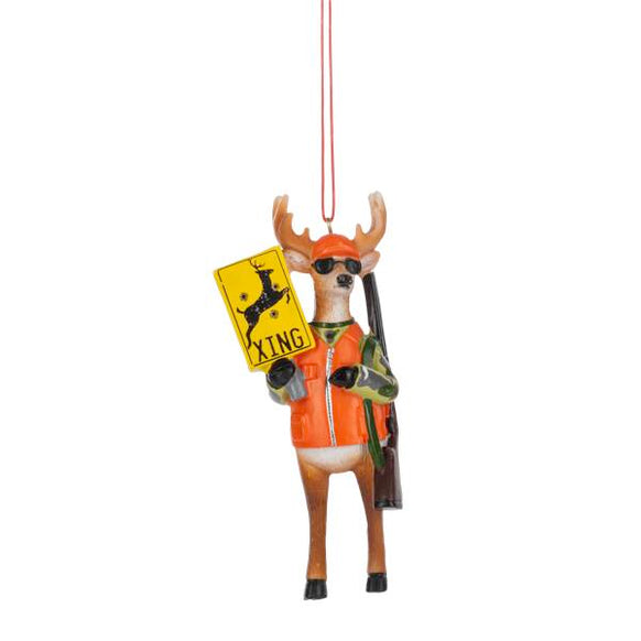 Deer Crossing Hunting ornament featuring a deer in orange hunting gear holding a yellow deer crossing sign with sunglasses and antlers.