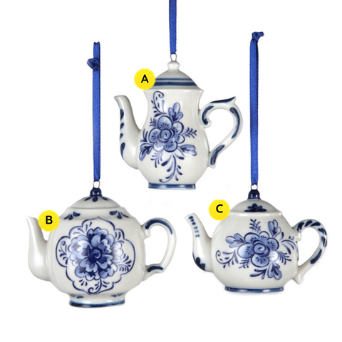 Delft blue floral teapot ornament variants labeled A Tall, B Round Floral Medallion, and C Round Floral Spray.
