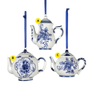 Delft blue floral teapot ornament variants labeled A Tall, B Round Floral Medallion, and C Round Floral Spray.