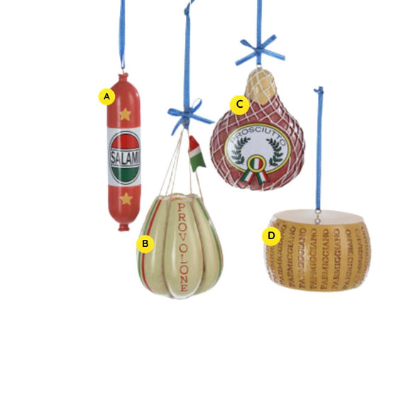 Deli foods ornaments featuring four designs inspired by Italian market favorites: salami, provolone cheese, prosciutto, and a wheel of cheese.