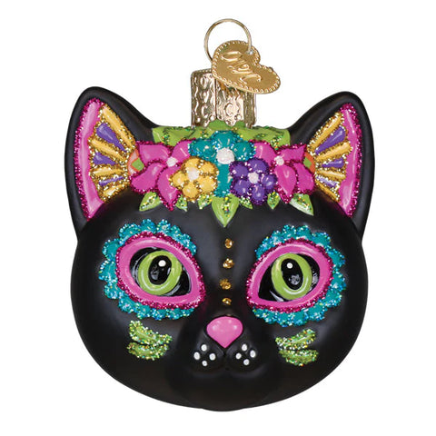 Decorative black cat ornament with colorful embellishments on a white background