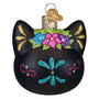 Decorative black cat ornament with colorful floral design on a white background