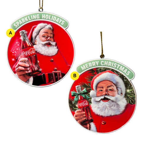 Dimensional Coca-Cola Santa disc ornaments in Sparkling Holidays and Merry Christmas designs