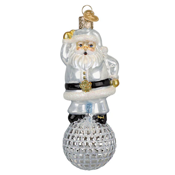 Glass ornament of a Santa Claus figure on a white background
