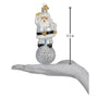 Glass ornament of a Santa Claus figure on a golf ball with a measurement label on a white background