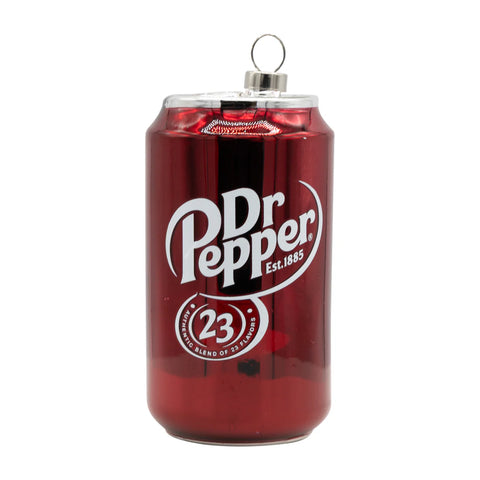Glass Dr Pepper™ soda can ornament with a glossy deep red finish and printed white logo on the front.