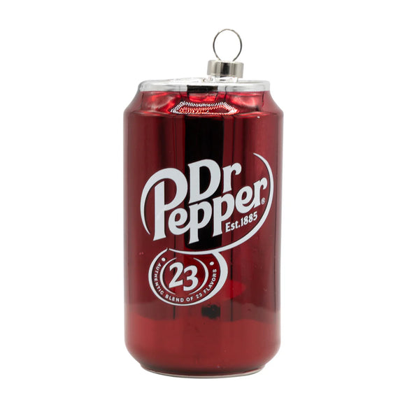 Glass Dr Pepper™ soda can ornament with a glossy deep red finish and printed white logo on the front.