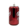 Side view of glass Dr Pepper™ soda can ornament with a glossy deep red finish and partial logo detail.
