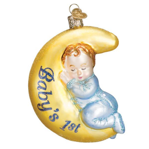 Decorative ornament with a baby on a yellow crescent moon, labeled 'Baby's 1st'.