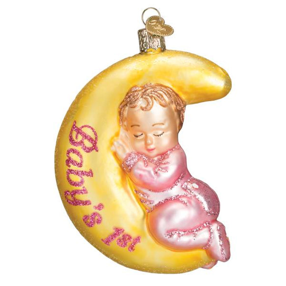 Decorative ornament of a baby on a yellow crescent moon with 'Baby's 1st' text.