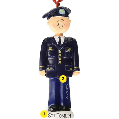 Personalized Army dress blues ornament featuring a smiling soldier in dark blue formal uniform with space for a name on the base and year on the leg.