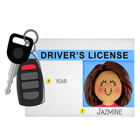 Personalized Driver's License with Key Fob Ornament - Female, Brown Hair