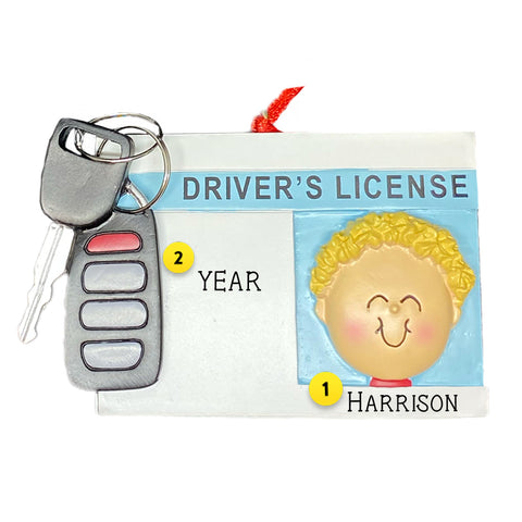 Personalized Driver's Licensed Christmas ornament for a blond boy