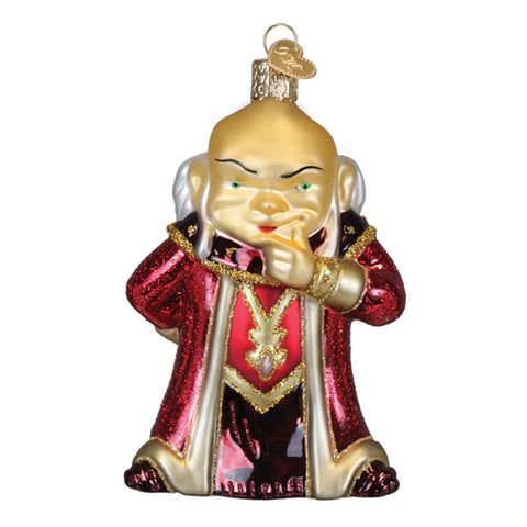 D&D Dungeon Master glass ornament of a character in ornate clothing on a white background