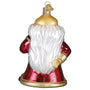 Glass ornament of a D&D Dungeon Master with a long white beard, red outfit, and gold accents on a white background.