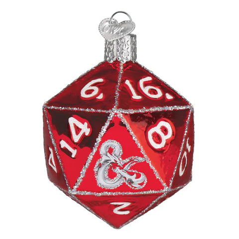 Red Glass dice ornament with white numbers on a white background