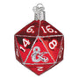 Red Glass dice ornament with white numbers on a white background