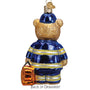 Glass bear EMT ornament in blue uniform with bag, back view on a white background