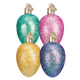 Four glittery Egg Shaped Christmas bulb ornaments in green, pink, gold, and blue on a white background.