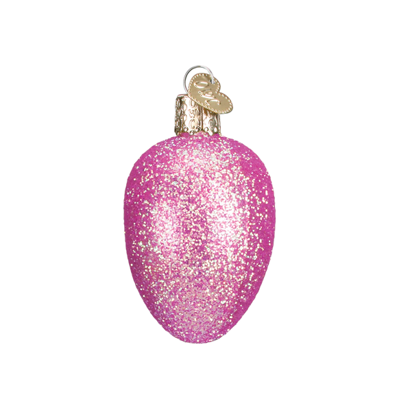 Pink glittery Egg shaped Christmas ornament on a white background