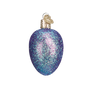 Decorative egg shaped ornament with glittery purple finish on a white background