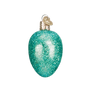 Turquoise glittery egg shaped Christmas ornament on a white background