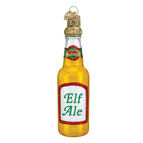 A glass bottle of beer with Elf Ale on the label on white background