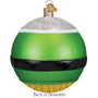 Green and black striped Christmas ornament with gold accent on a white background