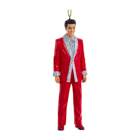 Elvis Presley in a red suit and silver glitter shirt Christmas Ornament 