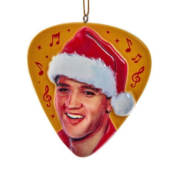 Double sided Elvis Presley ornament shaped like a guitar pick, featuring Elvis in a Santa hat with red musical notes on a gold background.