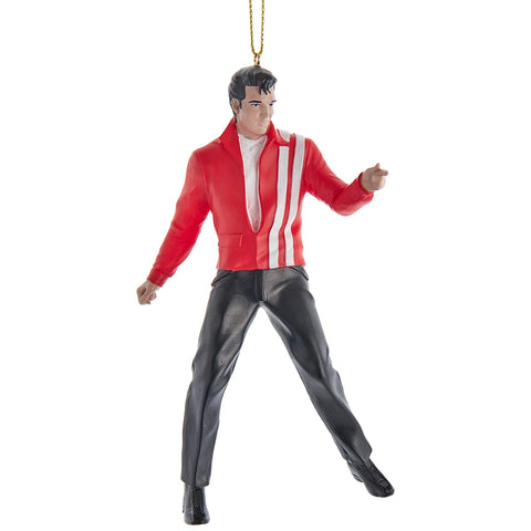 Elvis Presley ornament wearing a red Speedway-style jacket with white stripes, black pants, and black shoes in a classic performance pose.