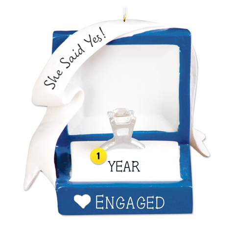 personalized and dated engagement ornament looks like a diamond ring in a box