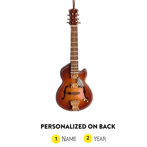 Personalized f-hole guitar with cutaway ornament with name and year added on the back