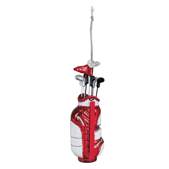 Decorative ornament of a red and white golf bag with clubs on a white background