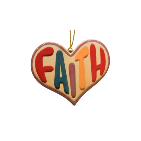 Heart-shaped ornament with the word Faith in bold multicolor lettering and a purple border.