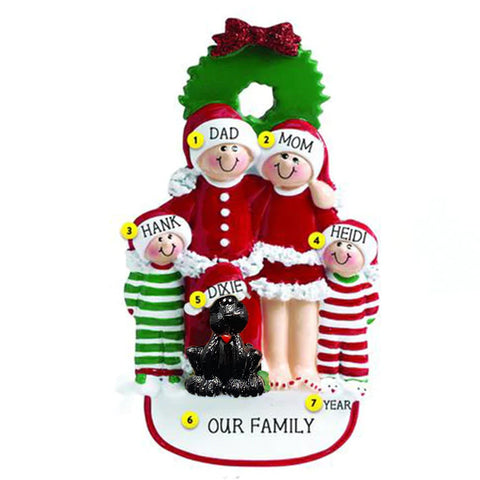 Family of Four with Black Dog Personalized Christmas Ornament 