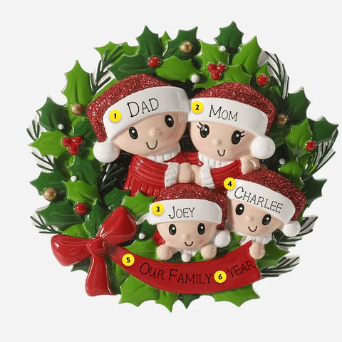 Personalized Family of 4 in Wreath Ornament