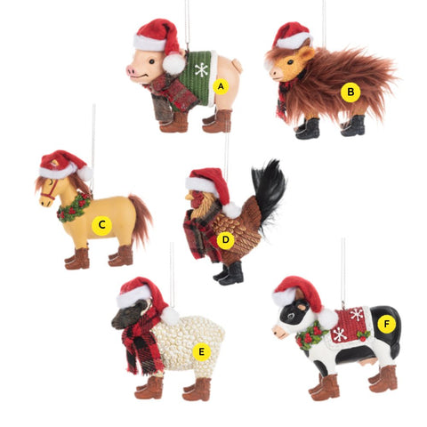 Assorted farm animal ornaments shown in one image, including a pig, Highland cow, horse, rooster, sheep, and cow, each dressed for Christmas with a Santa hat, winter scarf or wreath, and little boots.