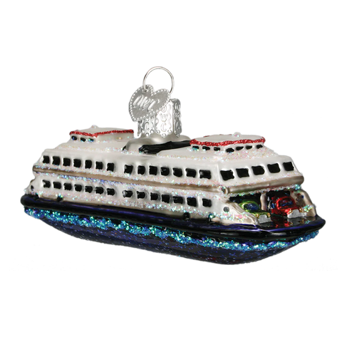 Decorative glass ornament of a ferry on a white background