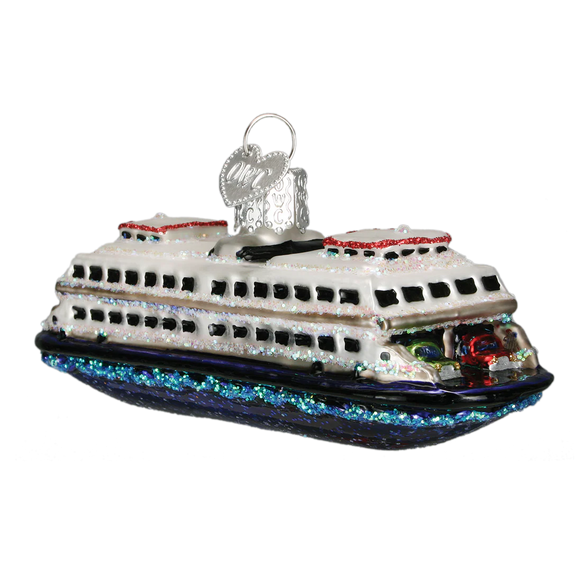 Decorative glass ornament of a ferry on a white background
