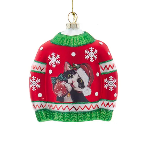 Christmas ornament with a cat on a red sweater  with a Santa hat on a white background