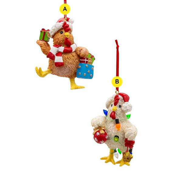 Festive chicken ornaments sold separately, including a brown chicken in a Santa hat carrying gifts and a white chicken wrapped in colorful Christmas lights holding an ornament.