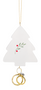 Back of Our First Christmas Together ornament shaped like a white Christmas tree with a small greenery and red berry accent and two gold wedding rings hanging below.