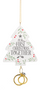 Our First Christmas Together ornament shaped like a white Christmas tree with greenery, red berry accents, and two gold wedding rings hanging below.