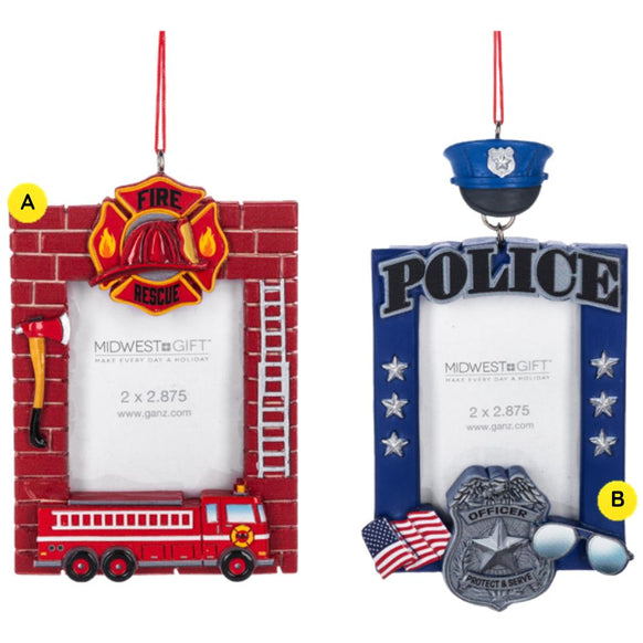 First responder picture frame ornaments featuring one red firefighter frame with a fire truck, ladder, axe, and helmet emblem, and one blue police frame with a badge, flags, sunglasses, and police hat.