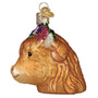 Glass floral highland cow ornament with floral crown on a white background side view